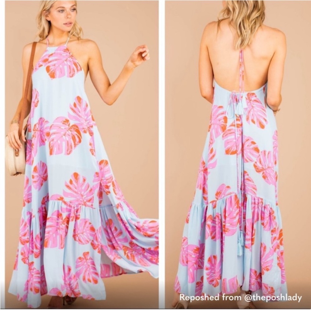 Buddy Love Halter Maxi Dress in Light Blue with Pink Leaf Print, S